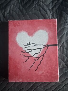 Romantic Red Canvas Art with White Heart and Black Branch